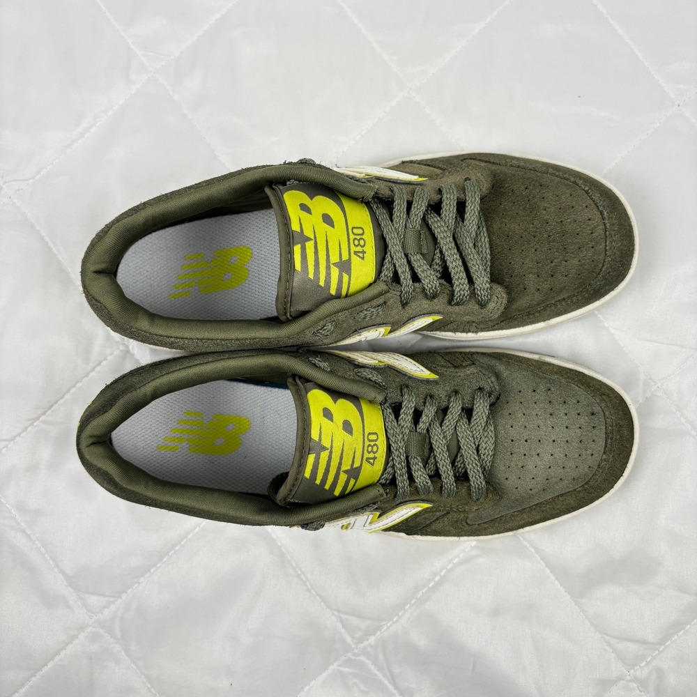 New Balance 480 Suede Sneakers Olive Green Neon Yellow Mens 7 Womens 8.5 - Picture 3 of 10